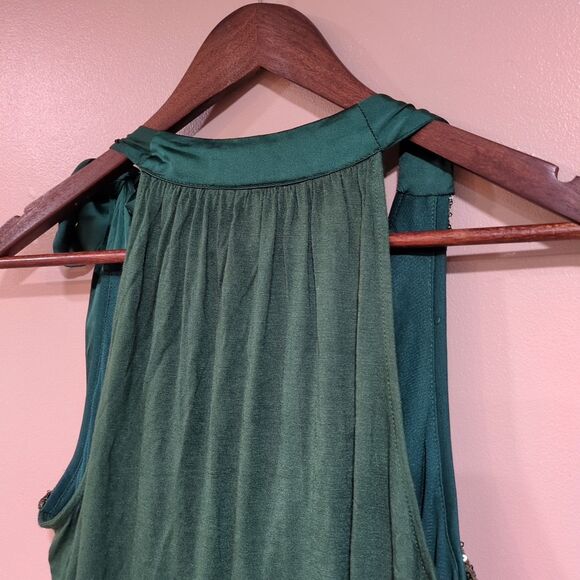 Jennifer Lopez Women L Sequin Cowl Neck Drape Top Shoulder Bow Tie Emerald Green - Picture 5 of 10